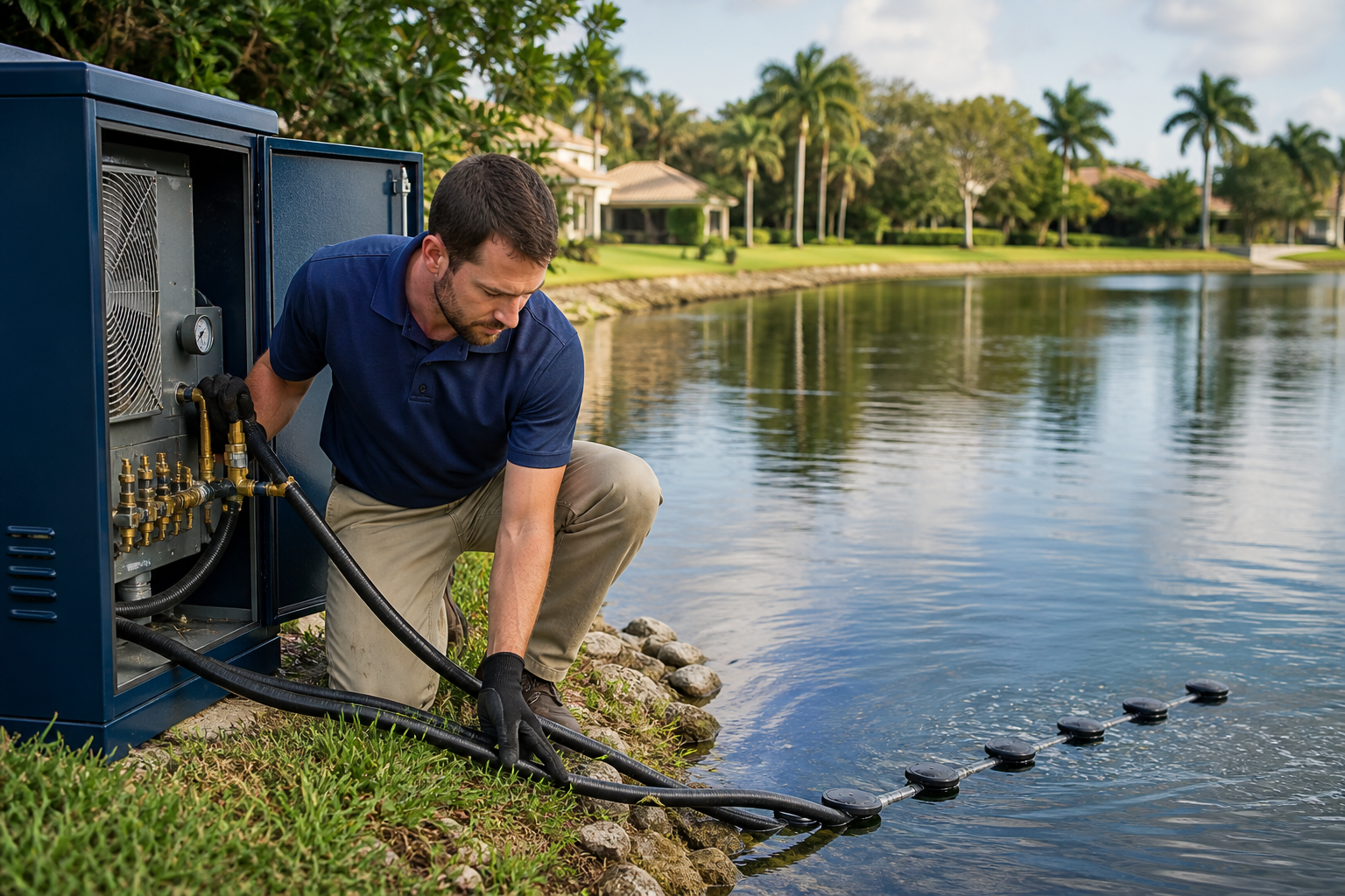 Technician installing a shoreline lake aeration system compressor